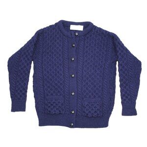Aran Crafts Ireland Sweater Blue Chunky Fishermans Wool Cable Knit Cardigan Sz M